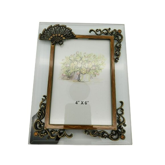 NWOT Glass Bronze Metal Fan Ornamental Scrolls Photo Frame w/Citrone Rhinestones - Picture 6 of 14